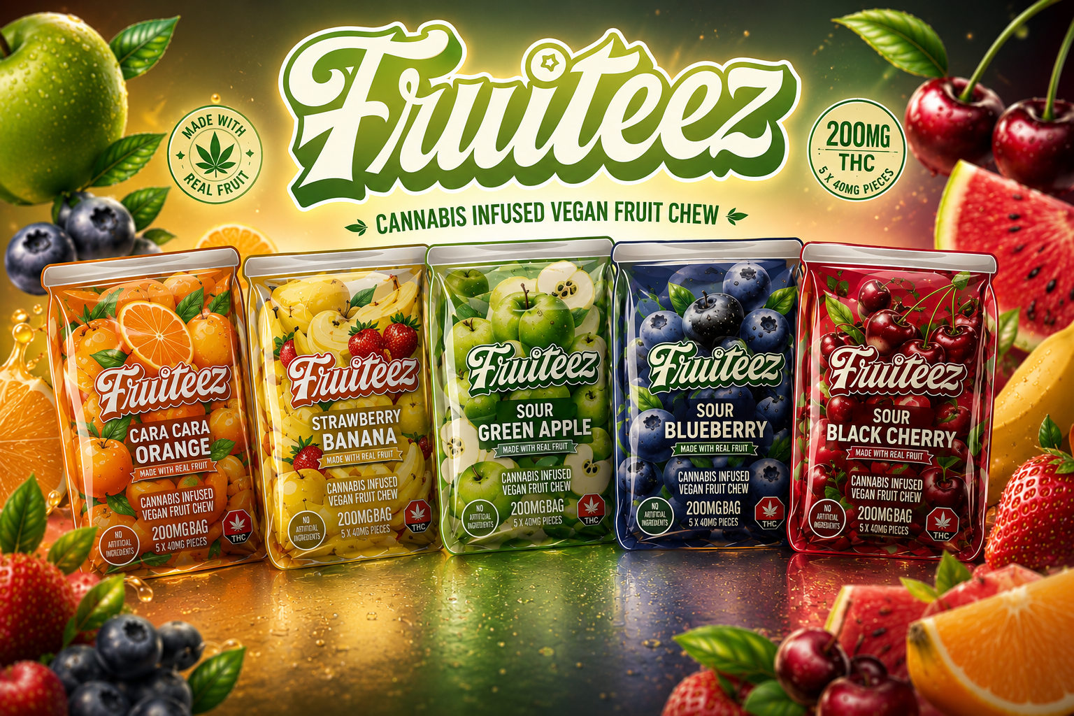 Fruiteez cannabis-infused vegan fruit chew packaging lineup featuring Cara Cara Orange, Strawberry Banana, Sour Green Apple, Sour Blueberry, and Sour Black Cherry flavors with vibrant fruit backgrounds and premium glossy branding.