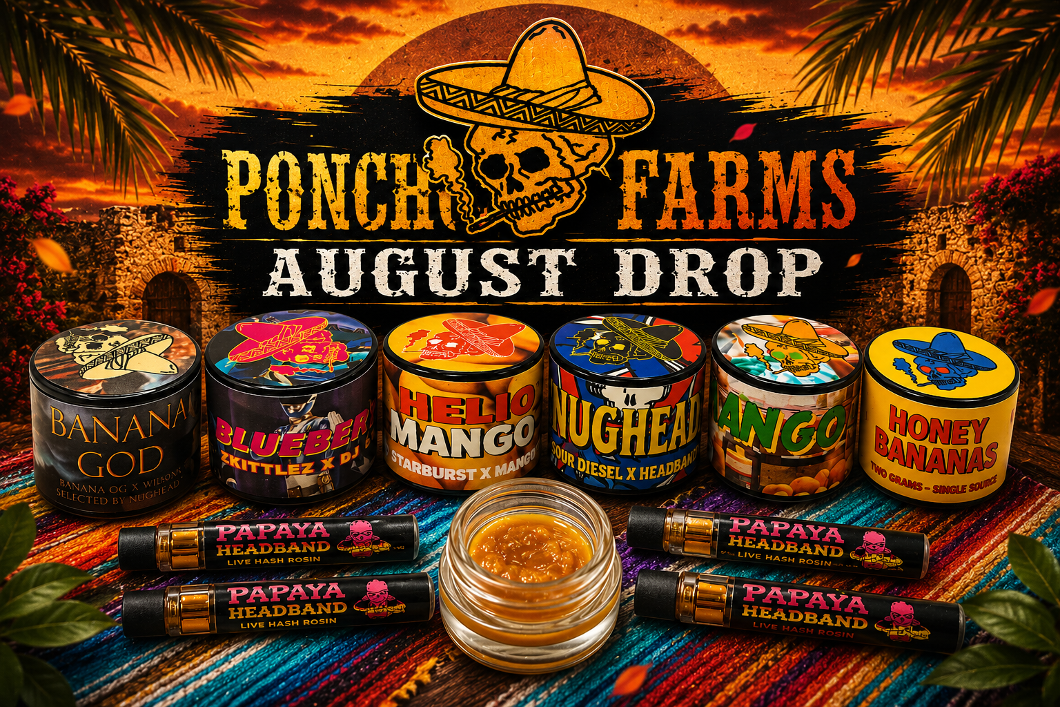 poncho farms august drop showcasing new jars and cartridges of live hash rosin