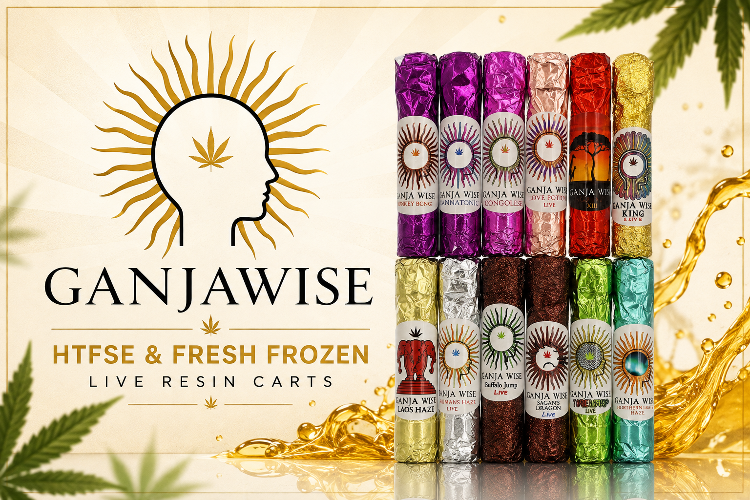 GANJA WISE CARTRIDGES PROMOTIONAL GRAPHIC, SHOWCASING THE LINEUP OF LIVE RESIN AND FSE PENS