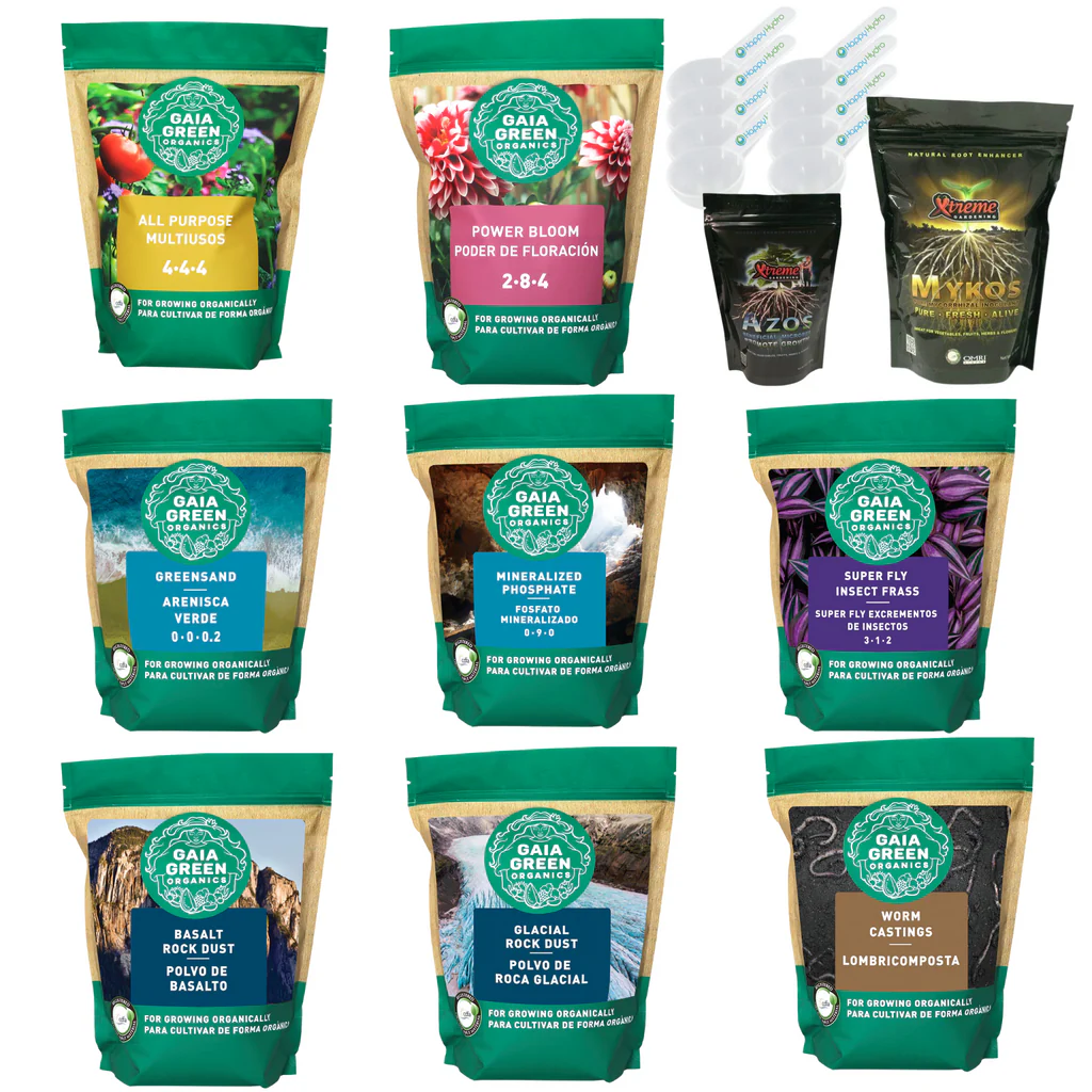 Gaia Green organic soil amendments and nutrients for cannabis cultivation including rock dust and insect frass